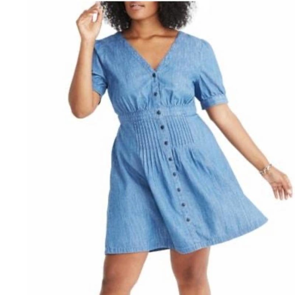 Madewell Daylily Denim Chambray Dress Womens Size 10 V-Neck Button Puff Sleeves